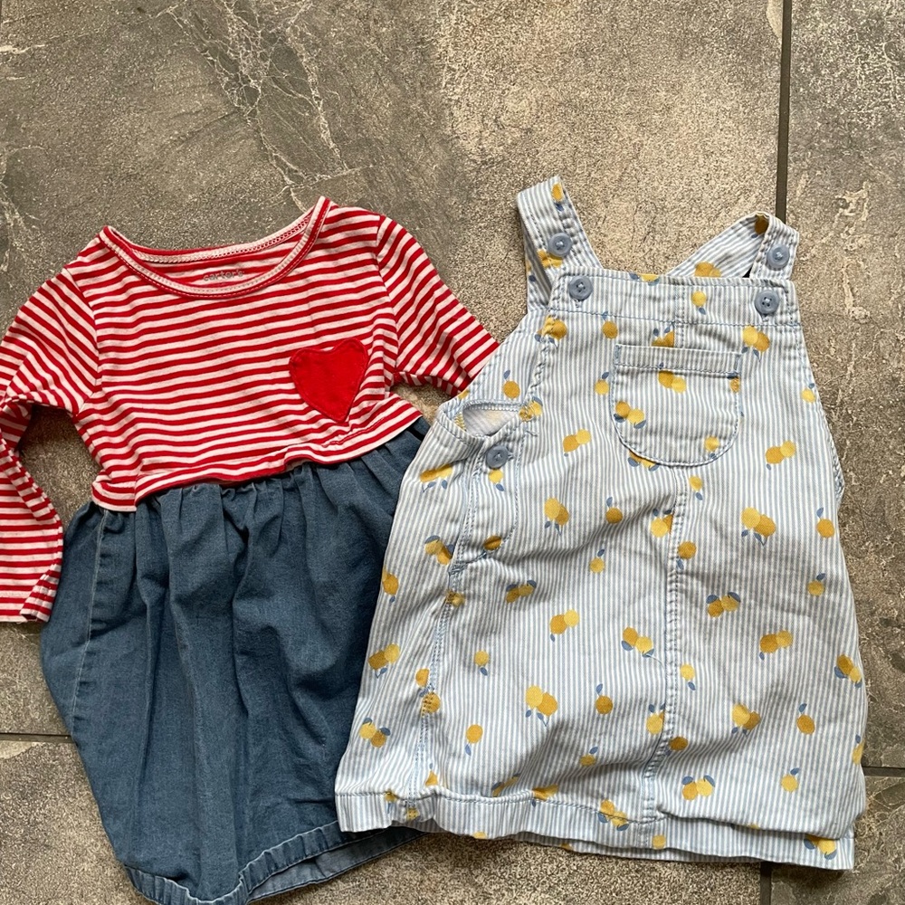 Striped Red and Blue Dress with Heart and Yellow Polka Dot Overalls Girls 12M